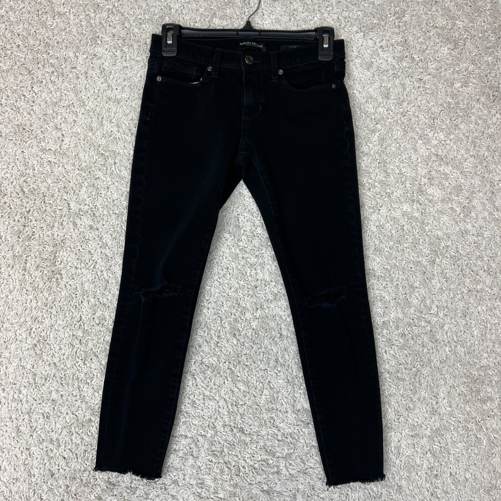 Banana Republic Jeans Womens 25 Petite 25P Black Skinny Denim Distressed Raw Hem - Picture 1 of 10
